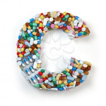 Letter C. Set of alphabet of medicine pills, capsules, tablets and blisters isolated on white. 3d illustration