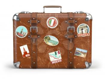 Old suitcase beggage with travel stickers isolated on white background. 3d illustration