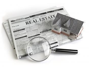 Real estate classifieds ads newspaper with house and magnifying glass isolated on white. 3d illustration