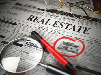 Real estate classifieds ads newspaper  and magnifying glass. 3d illustration