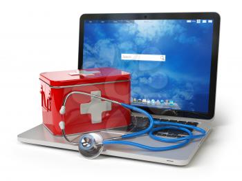 First medical aid or technical support concept. Laptop with first aid kit and stethoscope isolated on white. 3d illustration
