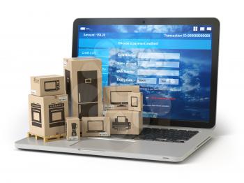 Cardboard boxes with appliaces on PC laptop keyboard. E-commerce, online shopping and delivery concept. 3d illustration