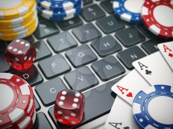 Casino online. Gambling chips , cards and dice on laptop computer background. 3d illustration