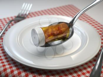 Pills in the plate with fork and spoon. Pharmacy diet nutrition concept. 3d illustration