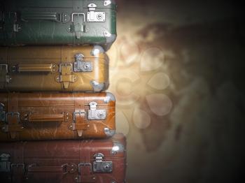 Vintage suitcases on the map background.Turism travel concept. 3d illustration