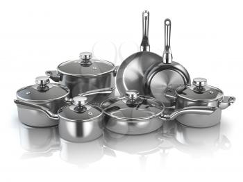 Pots and pans. Set of cooking stainless steel kitchen utensils and cookware. 3d illustration
