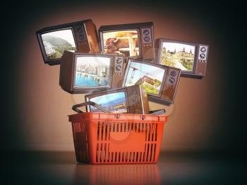 Shopping backet and old TV sets with different channels on the screens. Advertising tv channels concept. 3d illustration