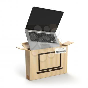 Laptop in carton cardboard box. E-commerce, internet online shopping and delivery concept. 3d illustration