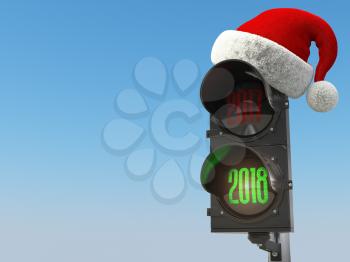 Happy new year 2018. Santa hat on the traffic light with green light 2018. 3d illustration