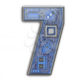 Number 7 seven Alphabet in circuit board style. Digital hi-tech letter isolated on white. 3d illustration