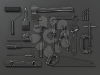 Set of of black tools isolated on black background. Mock up. With paths 3d illustration