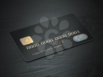 Black blank credit cards mockup on black wood table background. 3d illustration