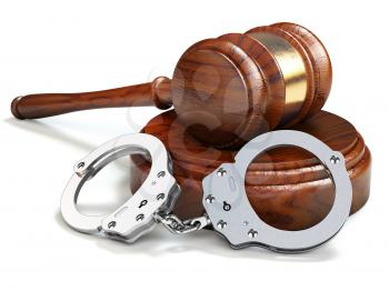 Gavel and handcuffs isolated oin white background. Law and justice concept. 3d illustration