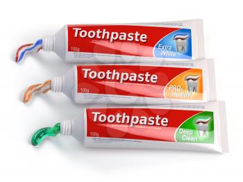 Tubes of toothpaste in different colors and differnt types of toothpaste. 3d illustration