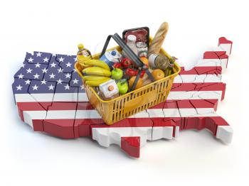 Market basket or consumer price index in USA United States. Shopping basket with foods on the map of USA. 3d illustration