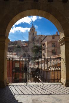 Framed view arch of medieval city Albarracin. Aragon, Spain.