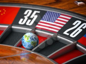 Earth as a ball of casino roulette with american USA flag in winning number. Time of world leadership of USA and winning in world trade war concept, 3d illustration