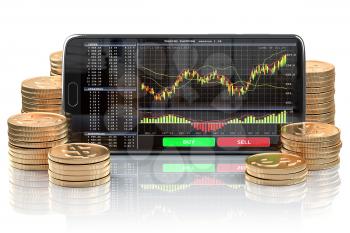 Smartphone with stock exchange, forex application orv mobile trading platform on the screen and stacks of coins. Online stock trading. 3d illustration