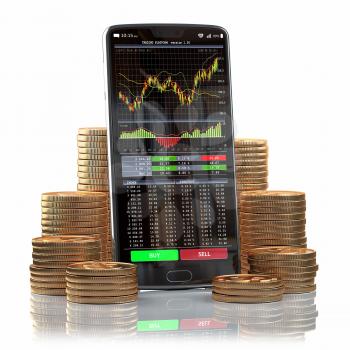 Mobile phone with forex application  on the screen and stacks of coins. Online stock trading, stock exchange and cryptocuurency concept background. 3d illustration