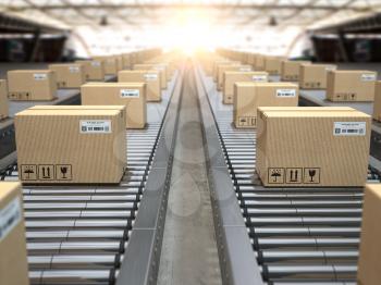 Box on conveyor roller.  Delivery service, distribution warehouse  and parcels transportation system. 3d illustration