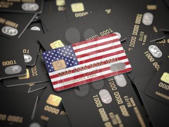 Credit card of american bank on the heap of other different black cards. Opening a bank account in the bank of USA. 3d illustration
