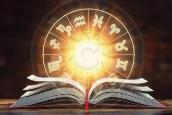 Astrology horoscope concept. Opened  book with magic zodiac signs and symbols. 3d illustration