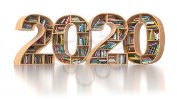 2020 new year education concept. Bookshelvs with books in the form of text 2020. 3d illustration