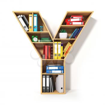Letter Y. Alphabet in the form of shelves with file folder, binders and books isolated on white. Archival, stacks of documents at the office or library. 3d illustration