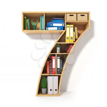 Number 7. Alphabet in the form of shelves with file folder, binders and books isolated on white. Archival, stacks of documents at the office or library. 3d illustration