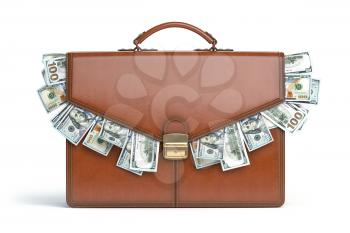 Briefcase full of dollars isolated on white background. Bribery, corruption, stock exchange portfolio financial concept. 3d illustration