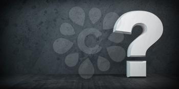 Question mark sign on black wall background. FAQ, idea or problem concept background. 3d illustration