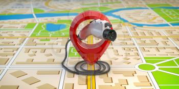 Electric car charging point location. Car charger power plug with pin on the map of a city. 3d illustration