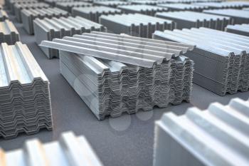 Stacks of metal corrugated sheets, steel zinc or galvanized wave shaped profile  sheets for roof construction. 3d illustration