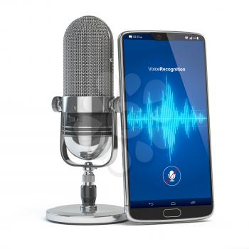 Voice Recognition concept. Microphone and smartphone or mobile phone with waves on the screen. 3d illustration