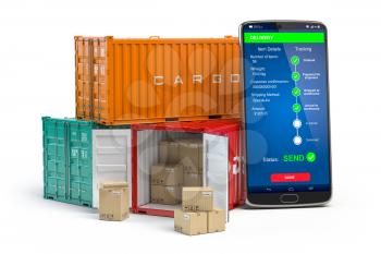 Smartphone with cargo containers  isolated on white. Delivery service app. 3d illustration