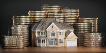 Real estate investments and mortgage concept. House and stack of coins. Saving money for buy a house for family.  3d illustration