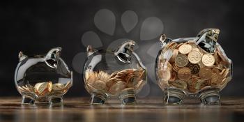 Glass piggy bank of different size with golden coins. Fiinancial growth, deposit, investment and savings concept background. 3d illustration