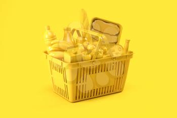 Yellow shopping basket with yellow food on yellow background. Food delivery. 3d illustration