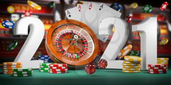 2021 Happy New Year in casino. Numbers 2021 from roulette, casiino chips with dice and card on green table. 3d illustration