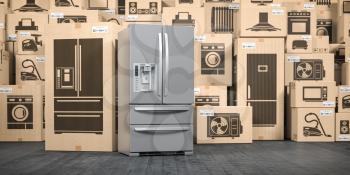 Refrigerator in warehouse with household appliances and kitchen electronics in boxes. Online purchase, shopping  and delivery concept. 3d illustration