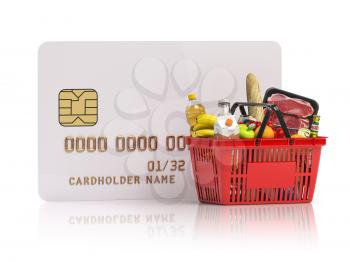 Paying for shopping basket full of grocery products with credit card. Online food ordering and delivery service concept. 3d illustration