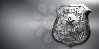 Police metal badge on metal background. Sign and symbol of police. 3d illustration