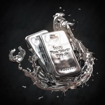 Silver bar or bullion ingot in liquid silver metal splash on black background. 3d illustration