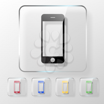 Mobile phone icon on a transparent glossy square. Online shopping concept.
