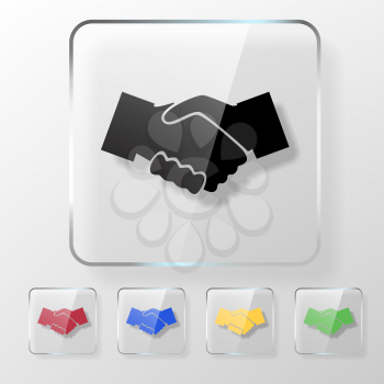 Hands shake icon on a transparent glossy square. Agreement concept.