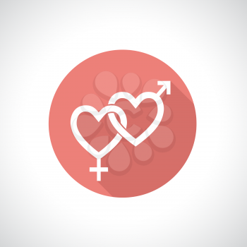 Couple gender icon with shadow. Connected hearts. Round icon. Flat modern design.