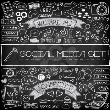 Doodle social media icons set with chalkboard effect. Networking concept with speech bubbles, mobile phone, tags with captions and other design elements