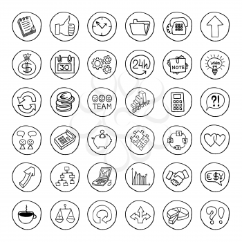 Hand drawn business set of buttons with arrows, diagrams, puzzle pieces, thumbs up and more. Vector illustration.