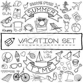 Hand drawn vacation icons set. Vector illustration.