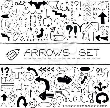 Hand drawn arrow icons with question and exclamation marks. Vector illustration.